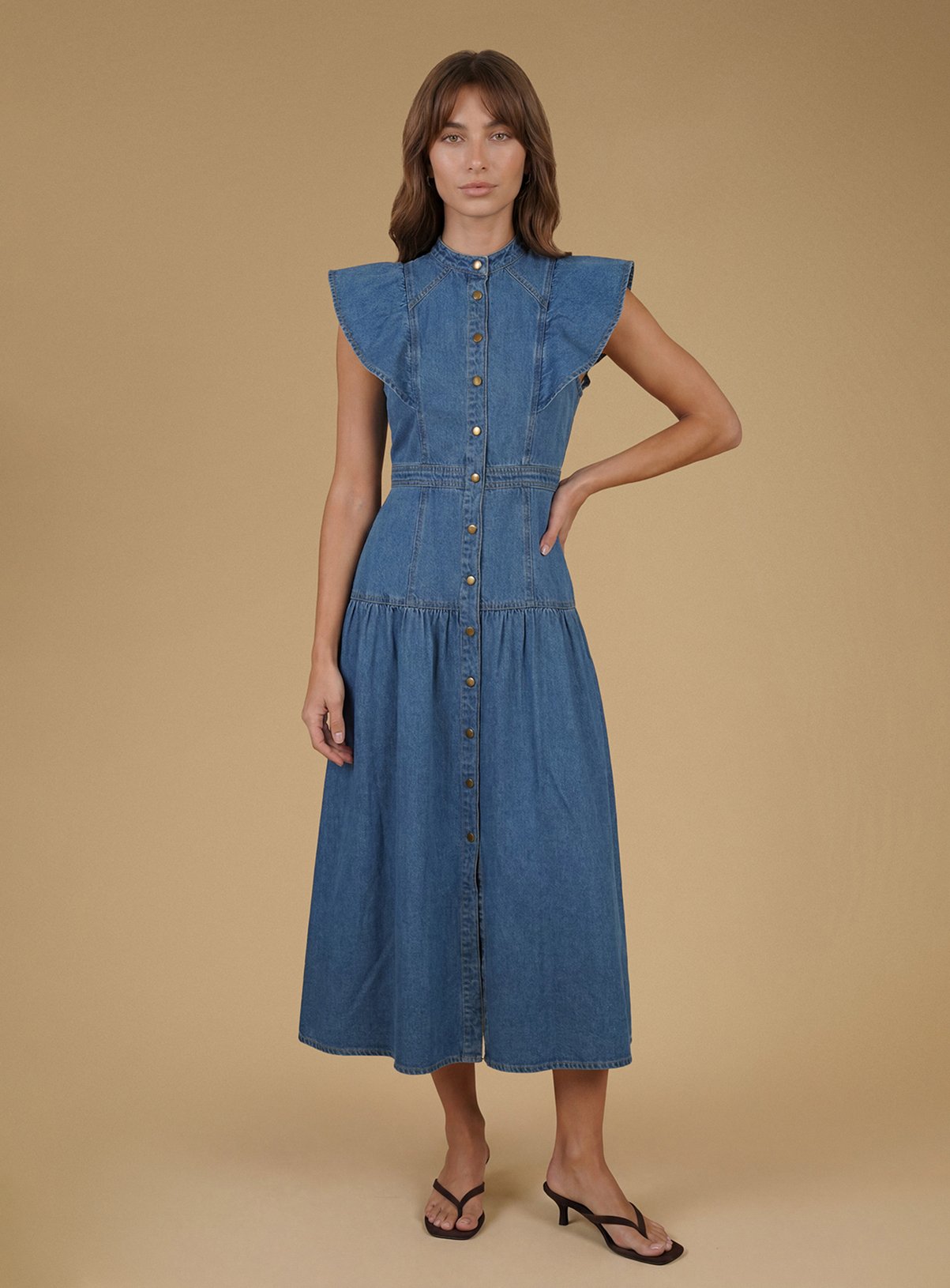 OASIS Ruffle Denim Midi Dress Mid Denim 10 - Image 1 thumbnail